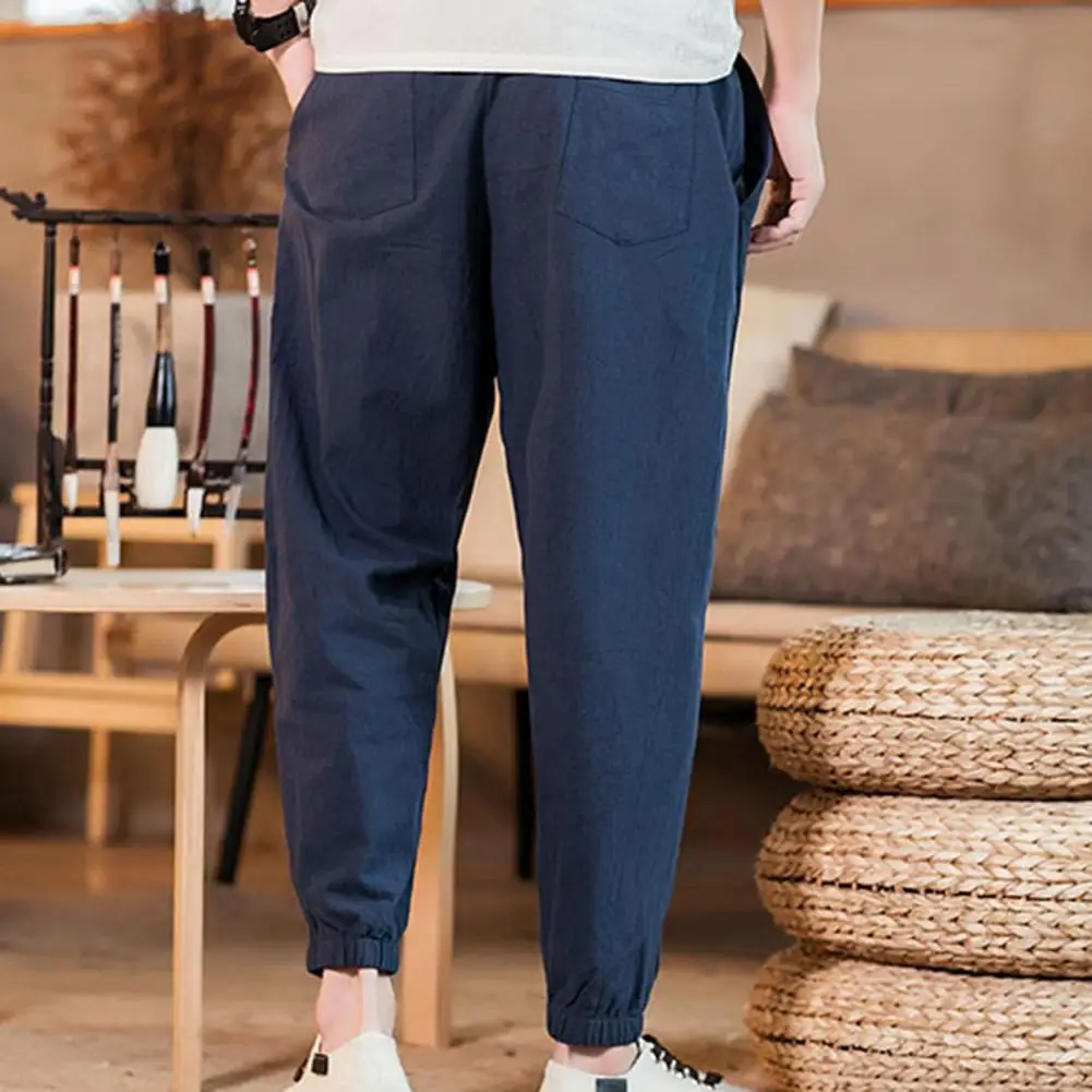 

Chinese Style Casual Mid Waist Ankle Tied Trousers Spring Autumn Men Trousers Solid Color for Daily Wear