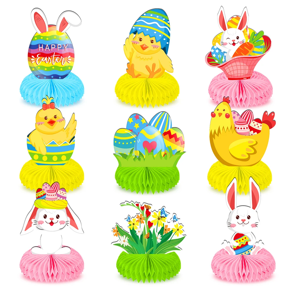 

9pcs Cartoon Spring Easter Bunny Happy Easter Day Birthday Party Paper Honeycomb Crafts Baby Shower Party Table Backdrops Decors