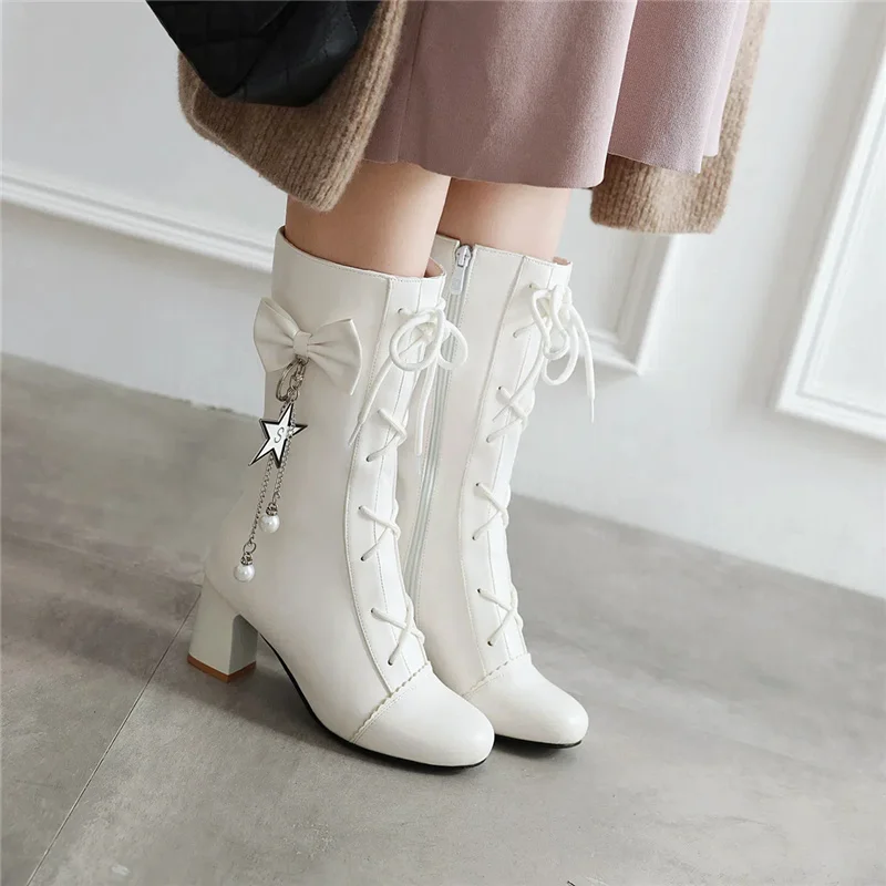 

Women Cute Round Toe White Pu Leather Plus Size Lace Up Lolita Heel Boots Lady Cool Black Autumn Boots Botas Femininas B649