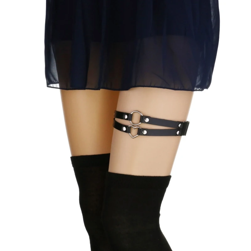 

Women Sexy Punk Leg Harness Layered O-Ring Heart Faux Leather Thigh Garter Belt