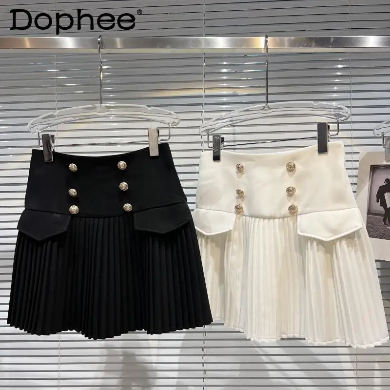 

Preppy Style Metal Buckle Stitching Short Pleated Skirt Women High Waist A- Line Mini Skirt 2022 Spring New Sports Dancing Skirt