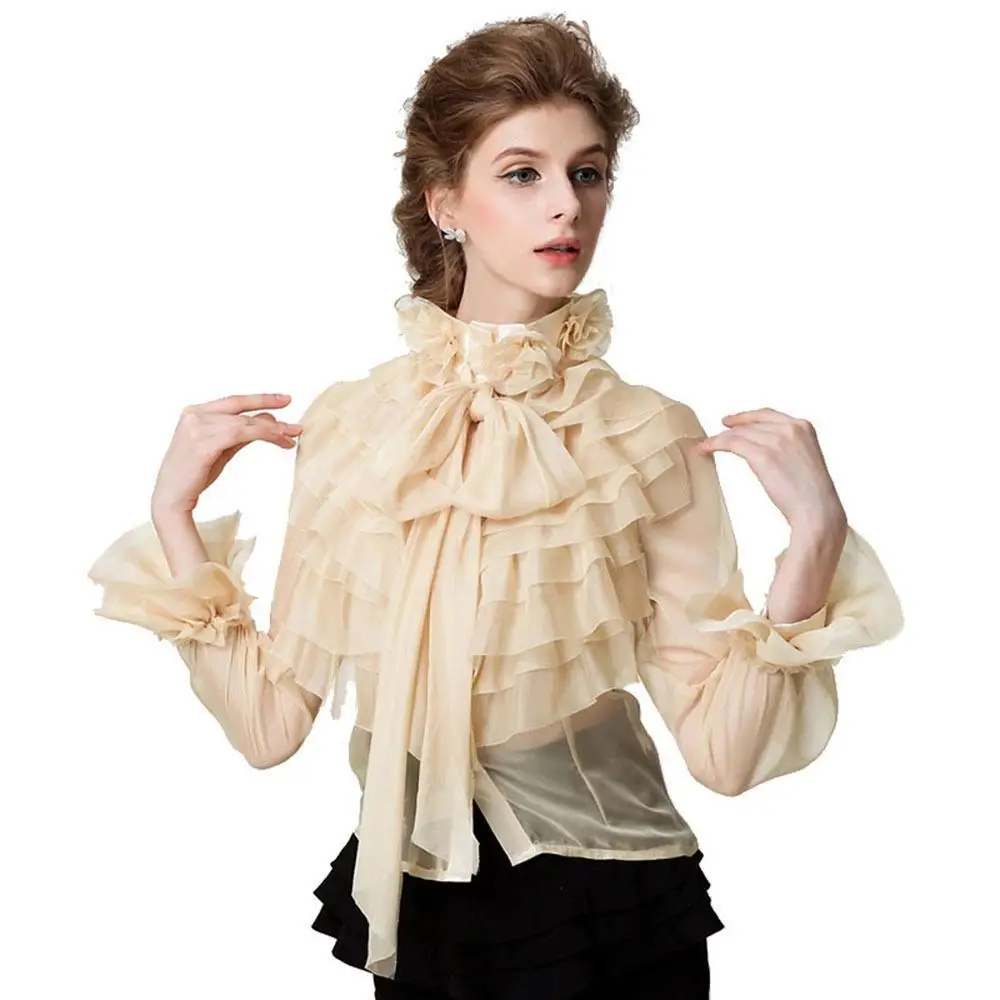 

Sexy Perspective Chiffon Ruffles Shirts Bowtie Blouses OL Long Flare Sleeved Multi-layers Court Mesh Flounced Tops 2018 Summer