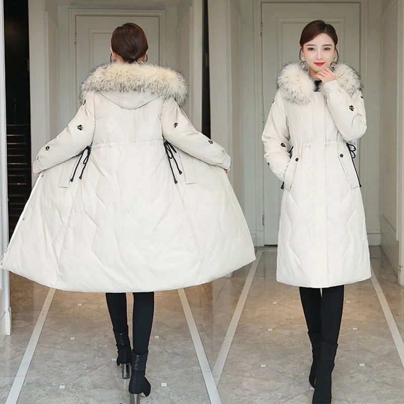 Woman Jacket Loose Washed Fashion Embroidery Cotton Coat Winter Clothes with Raccoon Fur Collar Thick Warm Hooded Female Parkas