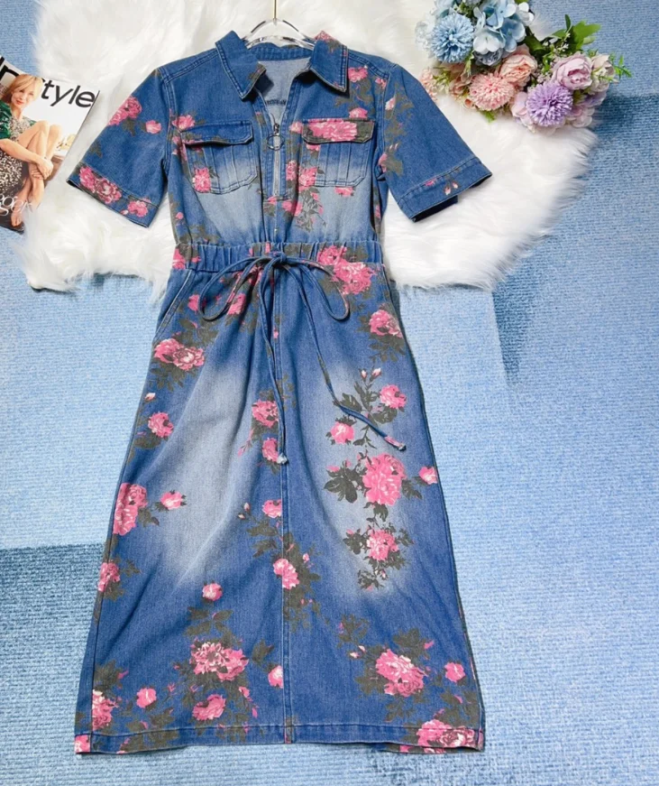 Spring And Summer 2023 New Women's WearDenim Retro Waist-Controlled Floral Print Long Dress 0401