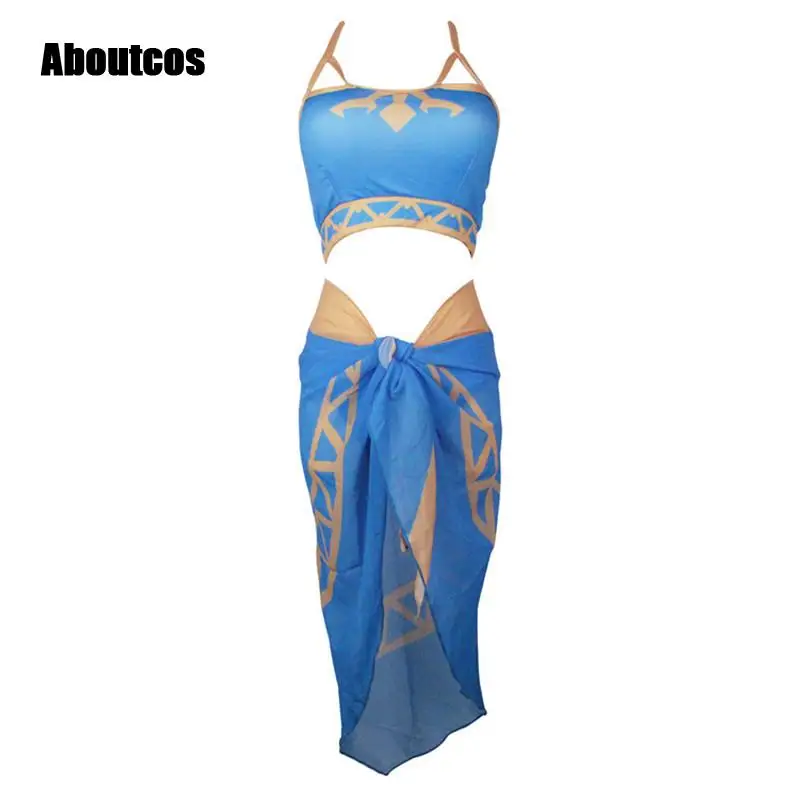 

Aboutcos Princess Dereviated Halter Bikini Split Swimsuit Swimming Pants Bodysuit Bathing Suit Outfit Cosplay Costume With Veil