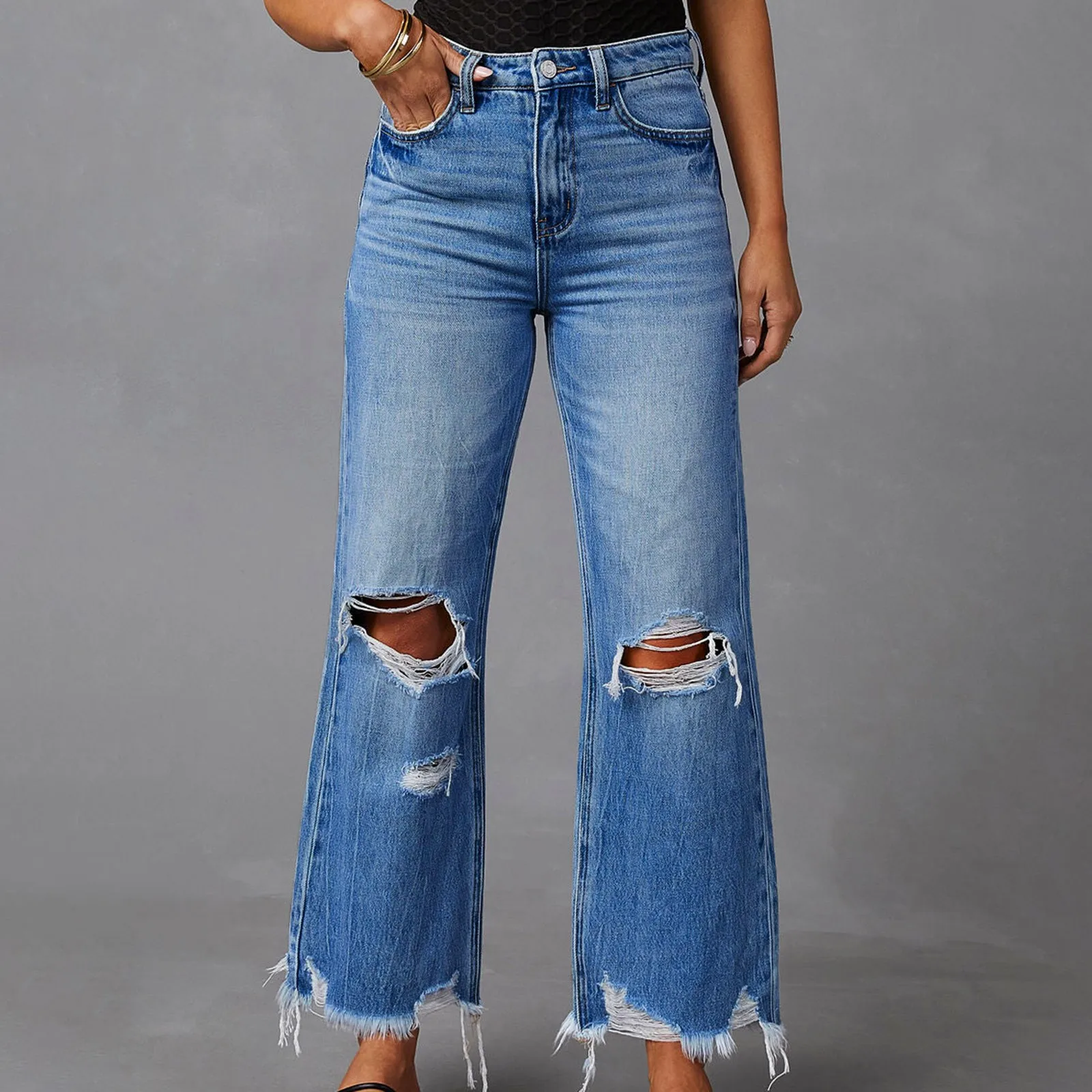 

Рваные винтажные джинсовые прямые брюки с потертостями, женские свободные осенние модные Универсальные джинсы в стиле хип-хоп со средней талией для женщин, Новинка