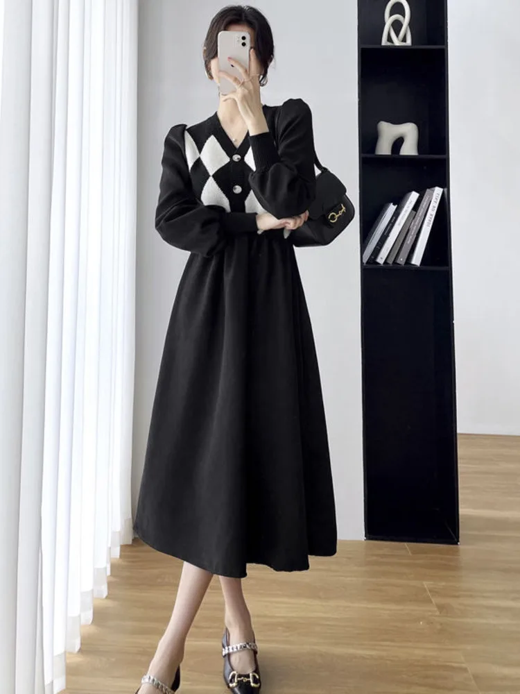 

Женское трикотажное платье средней длины, черное элегантное винтажное платье составного кроя на пуговицах с V-образным вырезом и пышными ру...