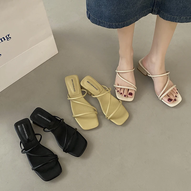 2023 Elegant Slip-On Heels Slippers Summer Vintage Square Heels Thin Strap Sandals For Women Fashion Black White Shoes Lady Hot