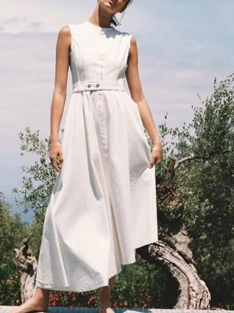 

Женское платье на бретелях, однотонное асимметричное платье без рукавов с круглым вырезом и поясом, одежда для улицы, лето 2023