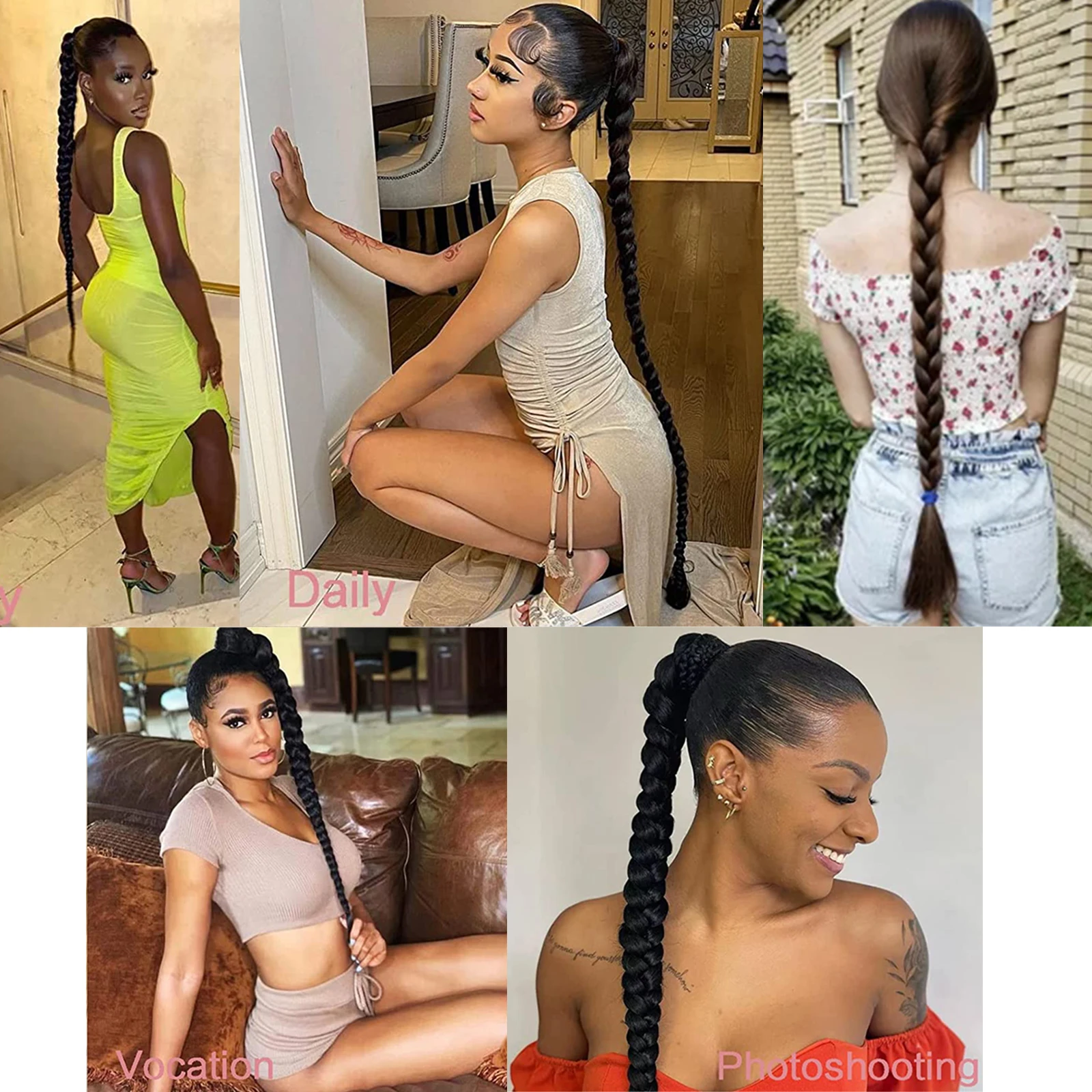 Long Braided Ponytail Extensions with Hair Tie Straight Wrap Around Hair Natural Soft Synthetic Hairpiece 34 Inches for Women