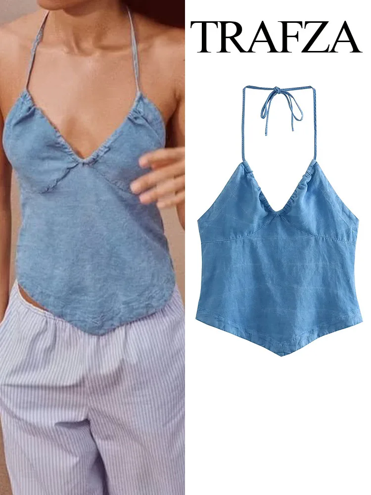 

Женский короткий топ на бретельках TRAFZA, винтажный Повседневный облегающий топ с открытыми плечами и лямкой через шею, лето 2023