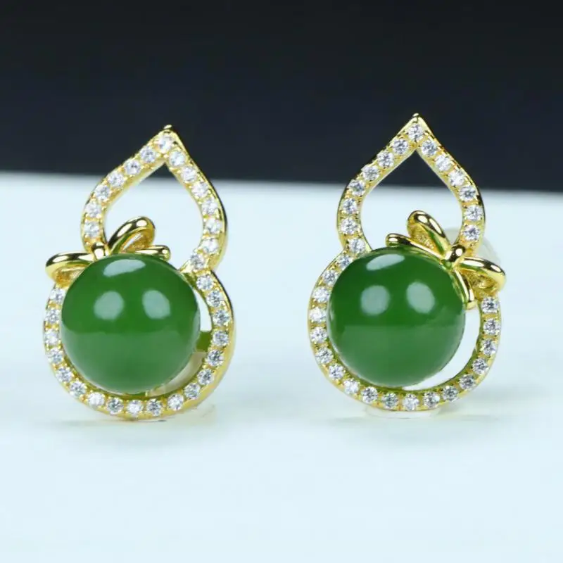 

Green Jade Gourd Stud Earrings S925 Sterling Silver Chinese Nephrite Hetian Jades Zircon Golden Gourd Ear Studs Earring Women