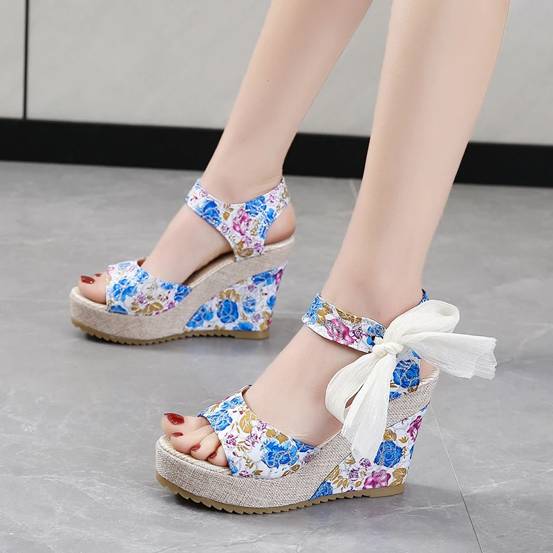 

Women Sandals Dot Bowknot Design Platform Wedge Female Casual High Increas Shoes Ladies Fashion Ankle Strap Open Toe Sandals