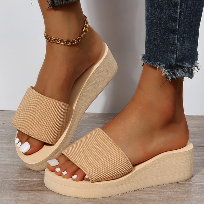 

Knitted Wedges Slippers for Women 2023 Summer Chunky Platform Wedge Heels Sandals Woman Light Thick Sole Beach Shoes Mujer