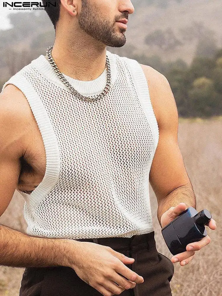

Men Tank Tops O-neck Sleeveless Mesh Transparent Streetwear Sexy Casual Vests 2022 Vacation Summer Men Clothing S-5XL INCERUN