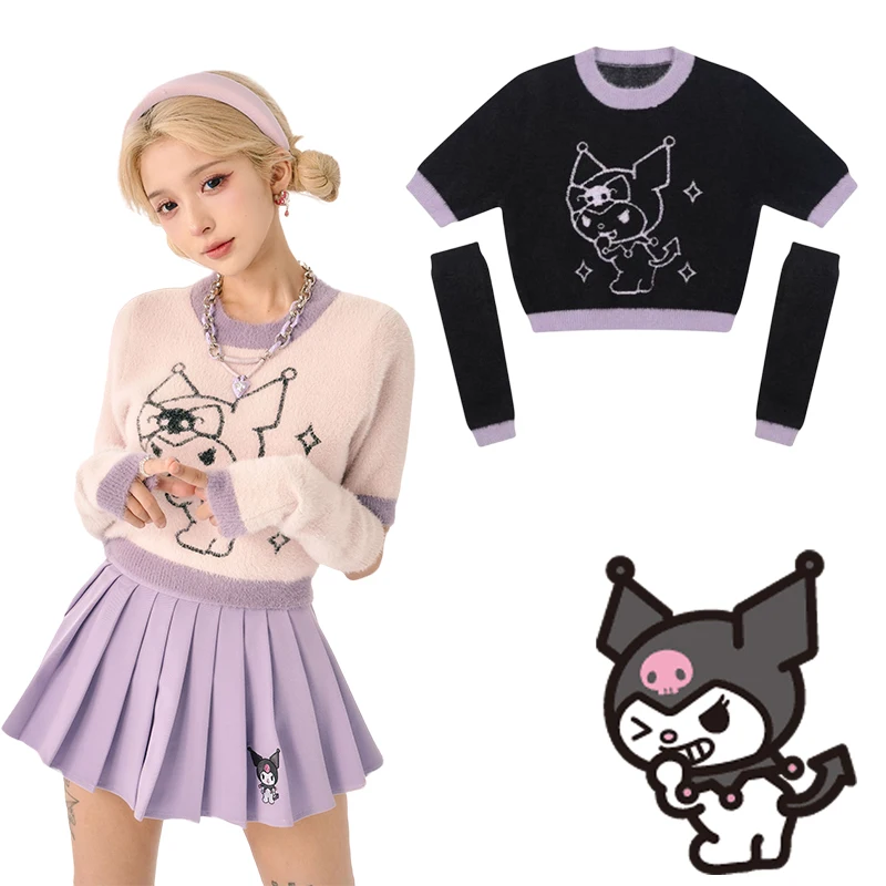 

Свитер Kawaii Y2K с рукавами и перьями Kuromi из пряжи аниме Маленький Дьявол мягкий плюшевый пуловер Свитера облегающие универсальные Топы