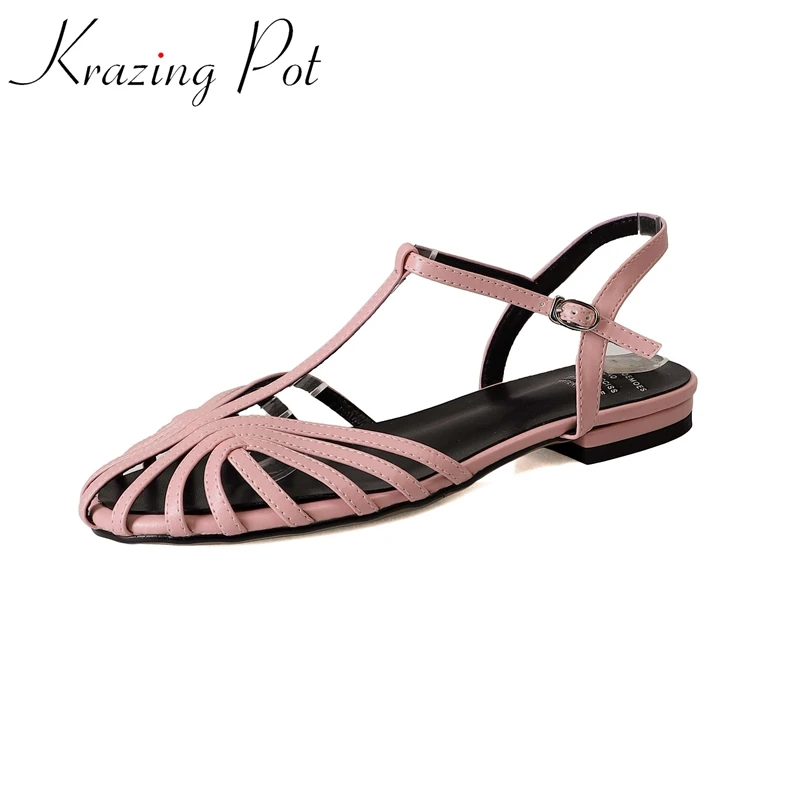 

Krazing Pot New Full Grain Leather Round Toe Buckle Straps Hollow Summer Thick Low Heels Gladiator Rome Young Lady Sandals Women