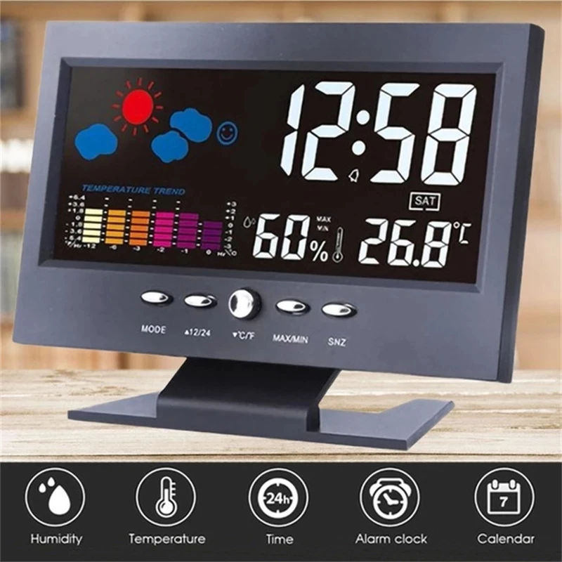 

LCD Color Screen Digital Backlight Snooze Alarm Clock Weather Forecast Station Temperature Humidity TimeDate Display Alarm Clock