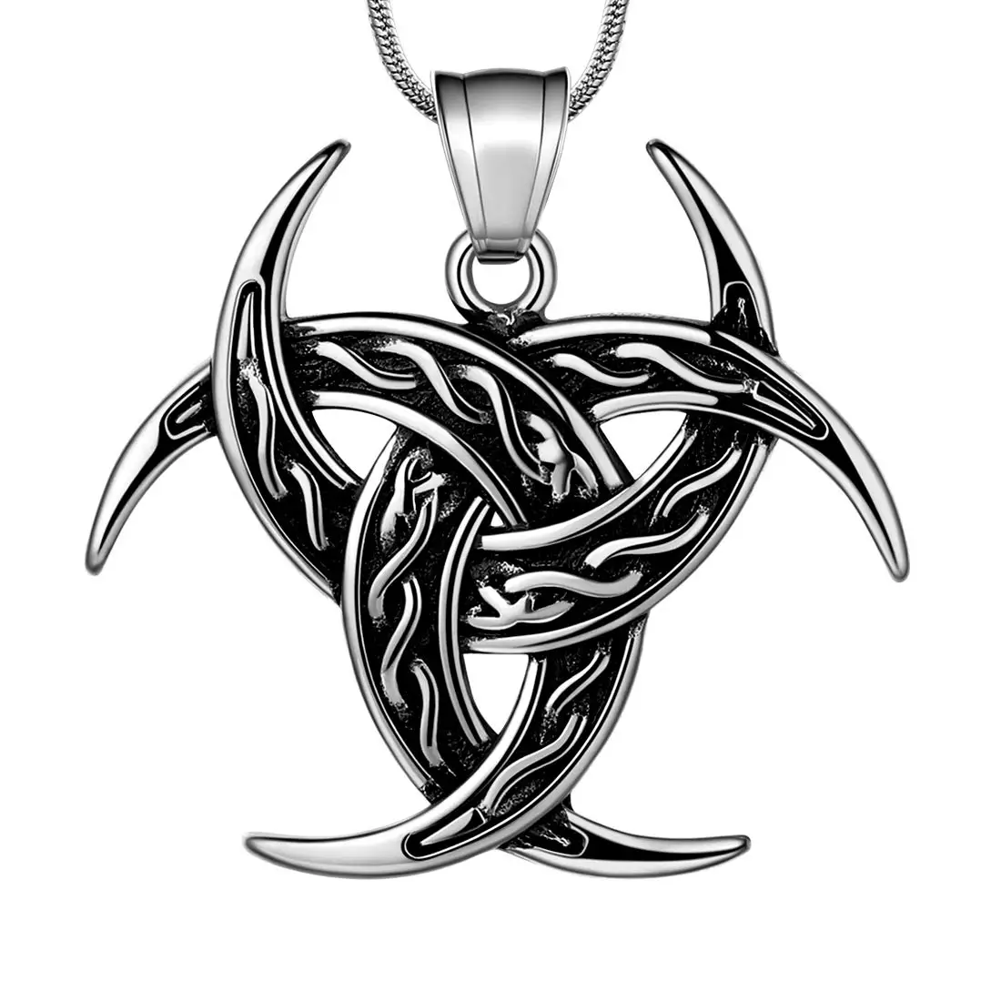 

Goth Viking Pendant Celtic Knot Necklace Norse Triple Odin Horns Crescent Moon of Oden Horn Necklace Mens Gothic Accessories