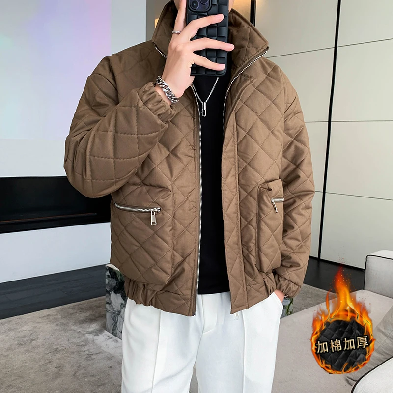 3D Pocket Winter Men Jacket Fashion Plaid Casual Puffer Parkas Stand Collar Business Overcoat Thicken Warm coats men clothing