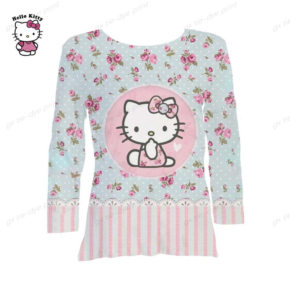 

Новинка Весна 2023, футболка с длинным рукавом Hello Kitty 3D, женская футболка с рисунком, забавная Повседневная футболка с круглым вырезом, одежда
