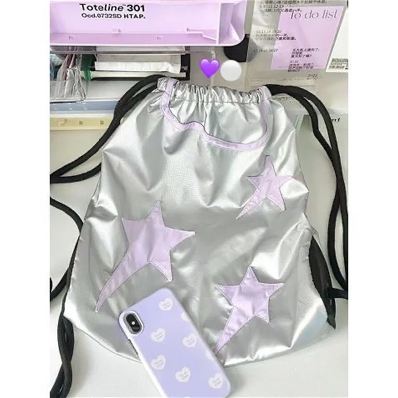 Y2K Korean Fashion Casual Book Bag Star Backpack Student Bags Schoolbag Kids Travel Girls Ladies Drawstring Backpacks for Women