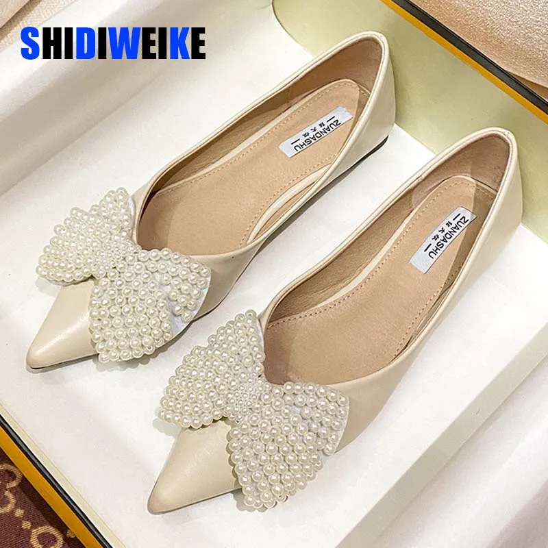 

Lady Shiny Elegant Fashion Flat black shoes for women Flat Ballet Shoes Female Glitter Bling Pearl Bow Tie Pointed Toe Flats