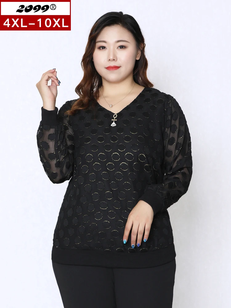 

Women's Plus Size outfits plus size tops grande taille femme Black translucent long sleeved T-shirt 6xl 7xl 8xl 9xl 10xl SZ100