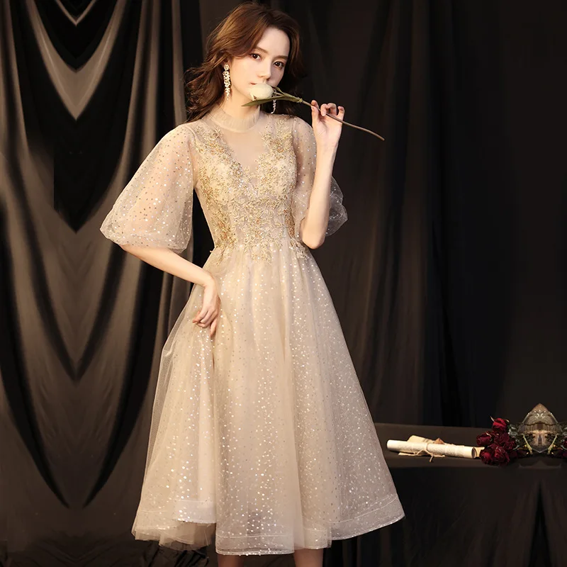 

Banquet Evening Dress Women Noble Dress Gold Cheongsam Fairy Mesh Beads Sequins Prom Dress Temperament Vestidos De Festa 2022