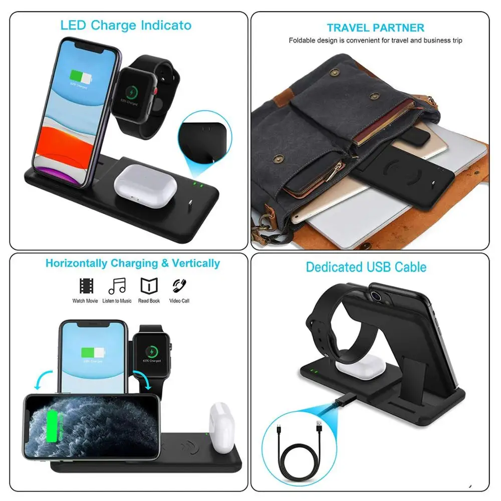 

15W Qi Fast Wireless Charger Stand For iPhone 11 12 X 8 Apple Watch 4 in 1 Foldable Charging Dock Station for Airpods Pro iWatch