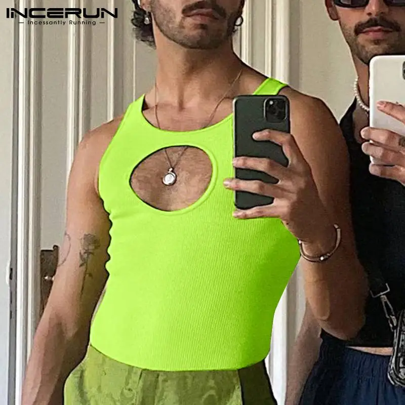 

INCERUN Men Tank Tops O-neck Sleeveless 2022 Skinny Hollow Out Solid Sexy Casual Vests Streetwear Vacation Men Clothing S-5XL