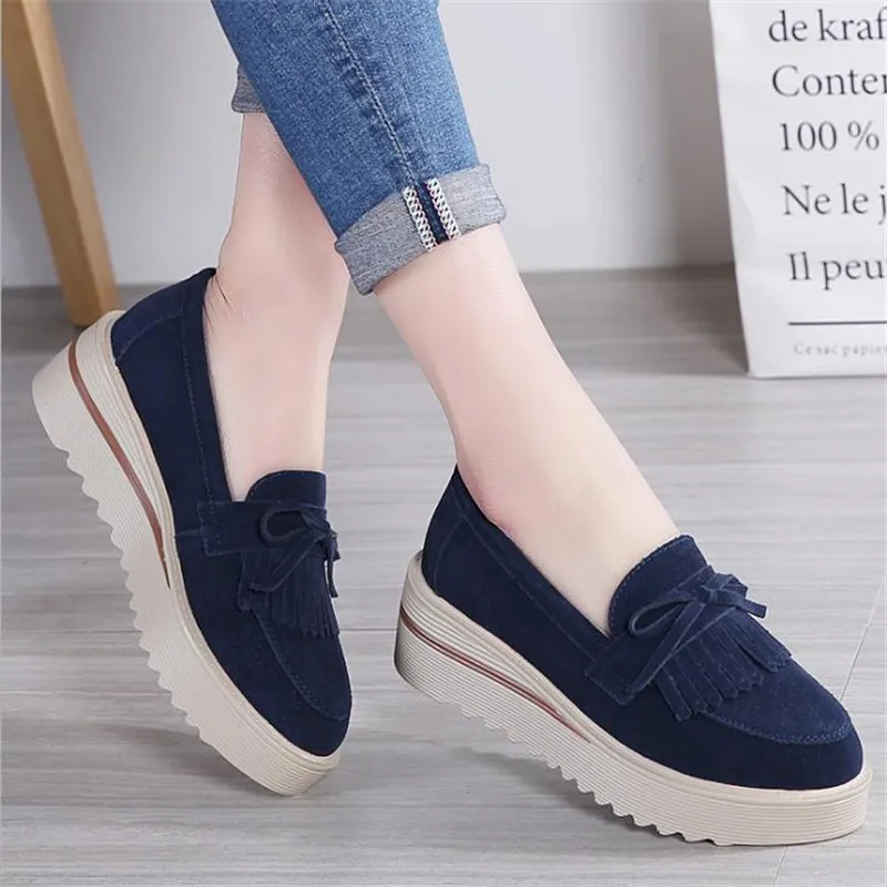 

Лоферы женские с бахромой и бантом, мягкие кожаные кроссовки, без застежки, прошитая плоская платформа, на все сезоны