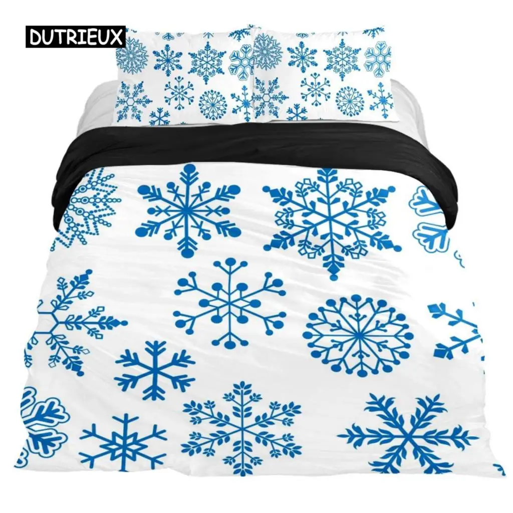 

Snowflake Duvet Cover Set Winter Theme Christmas Illustration Cold Weather Season Twin Bedding Set King Size Soft Quilt Cover