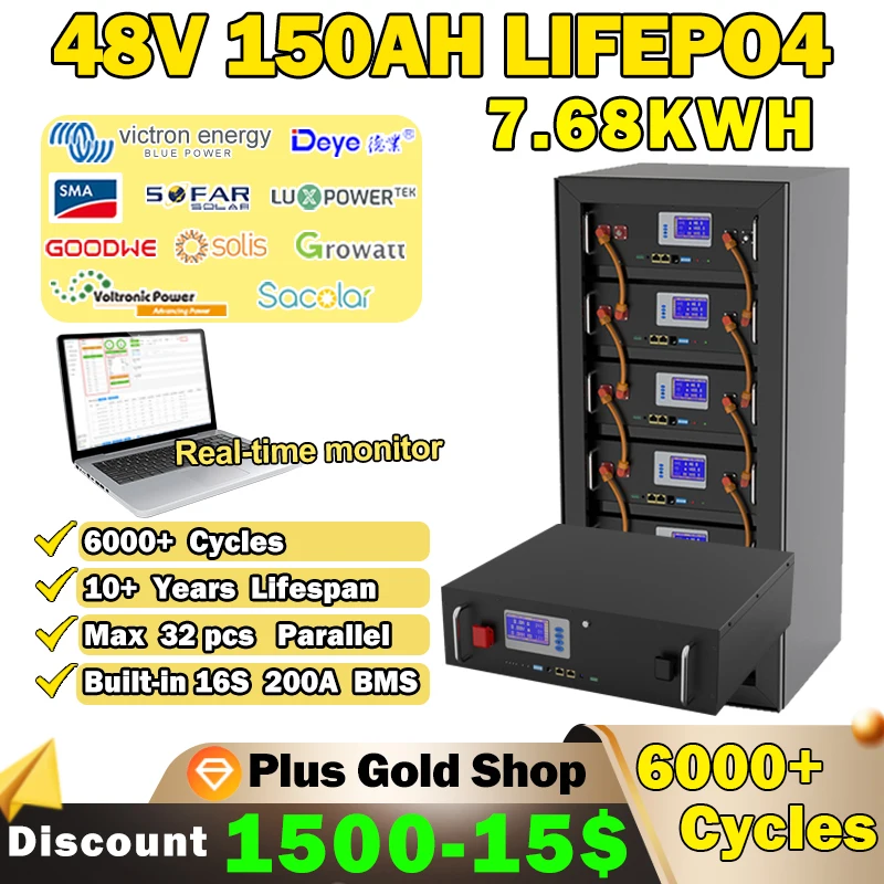 

48V LiFePO4 Battery 150Ah 100Ah 200Ah 51.2V 7KWh 10KWh Built-in 16S 200A BMS RS485 CAN Max 32 Parallel 6000+ Cycles