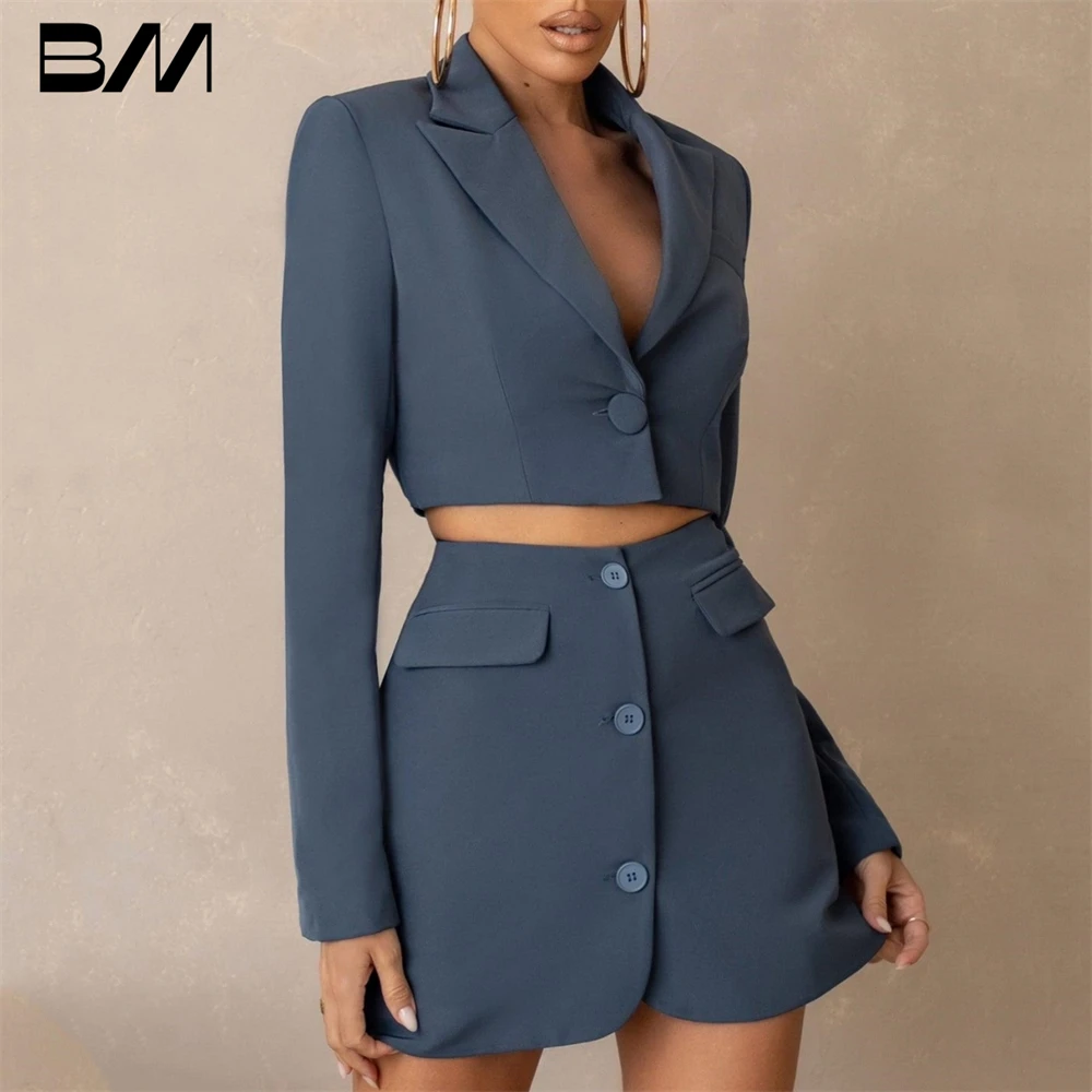 

Slate Blue Cropped Boxy Blazer Skirt Set 2 Pieces Button Front Tailored Mini Skirt Summer Women Formal Suit Set Custom Made Size