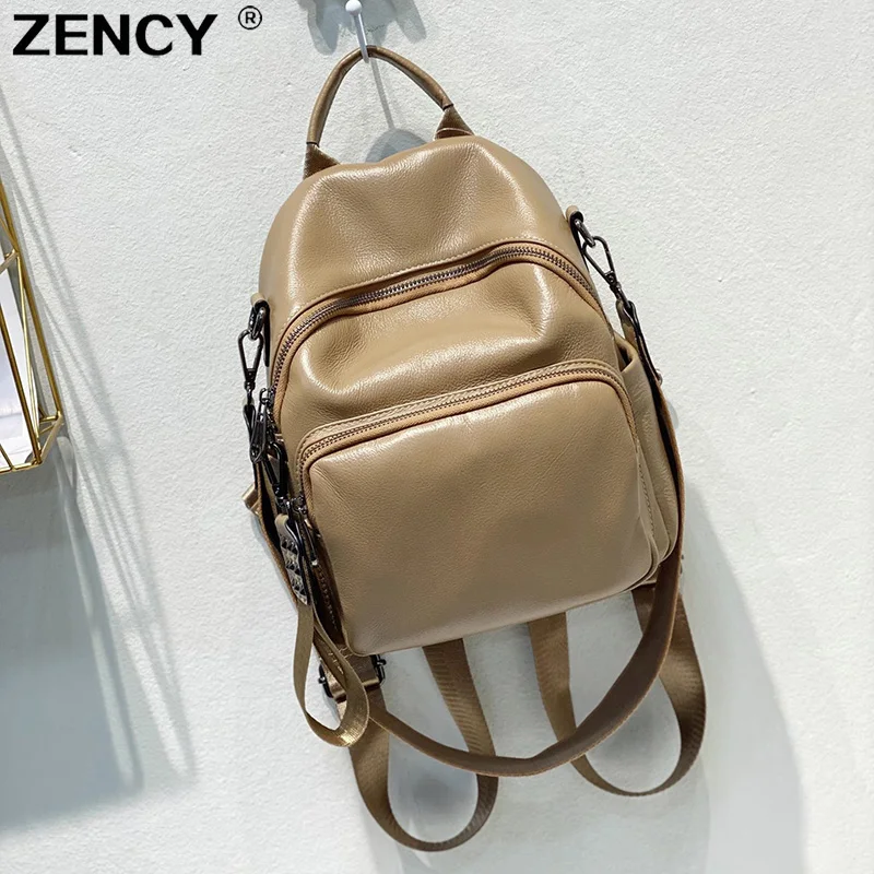 ZENCY 100% Soft Genuine Cow Leather Calfskin Women Backpacks Top Layer Nature Cowhide Dual Function Backpack One-Shoulder Bags