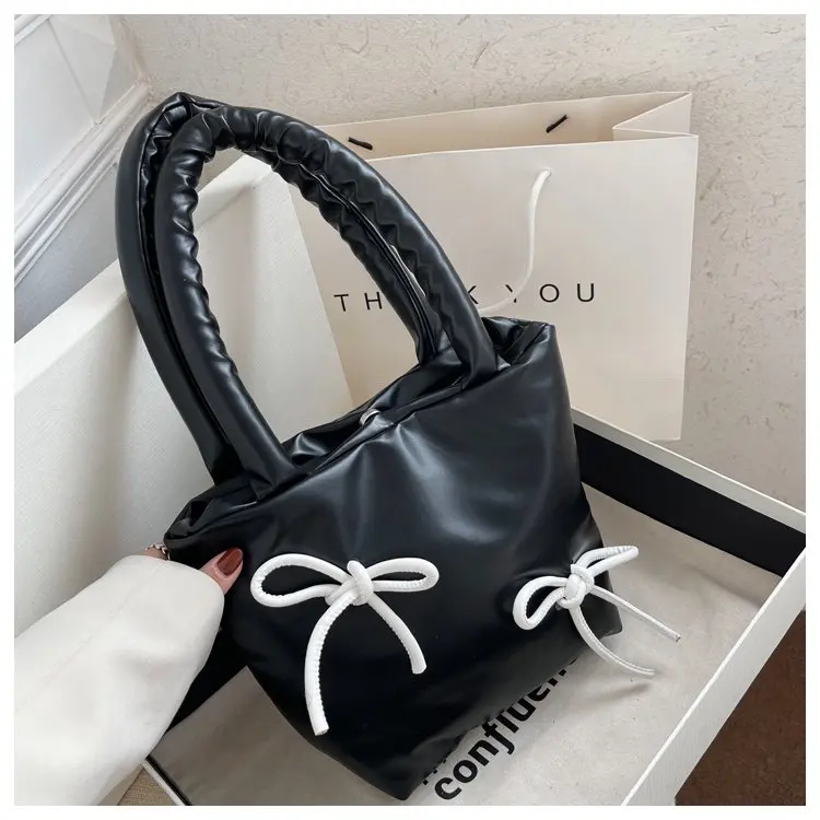

Retro ladies PU leather street casual solid color zipper bow shoulder bag tote handbag
