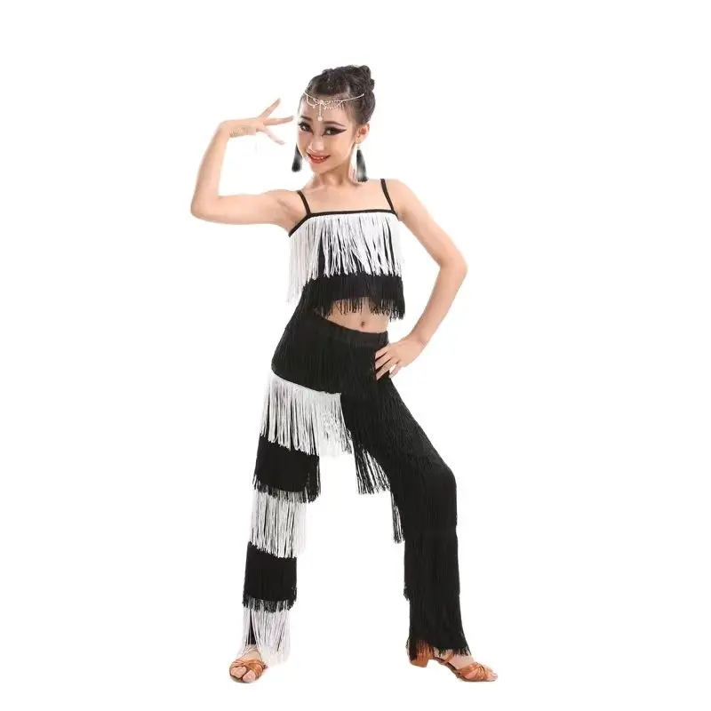 

1set/lot Latin Dance set Ballroom Plus Size Fringe Tassel Pants and top solid Fringe Latin dancing Costume 10 Color