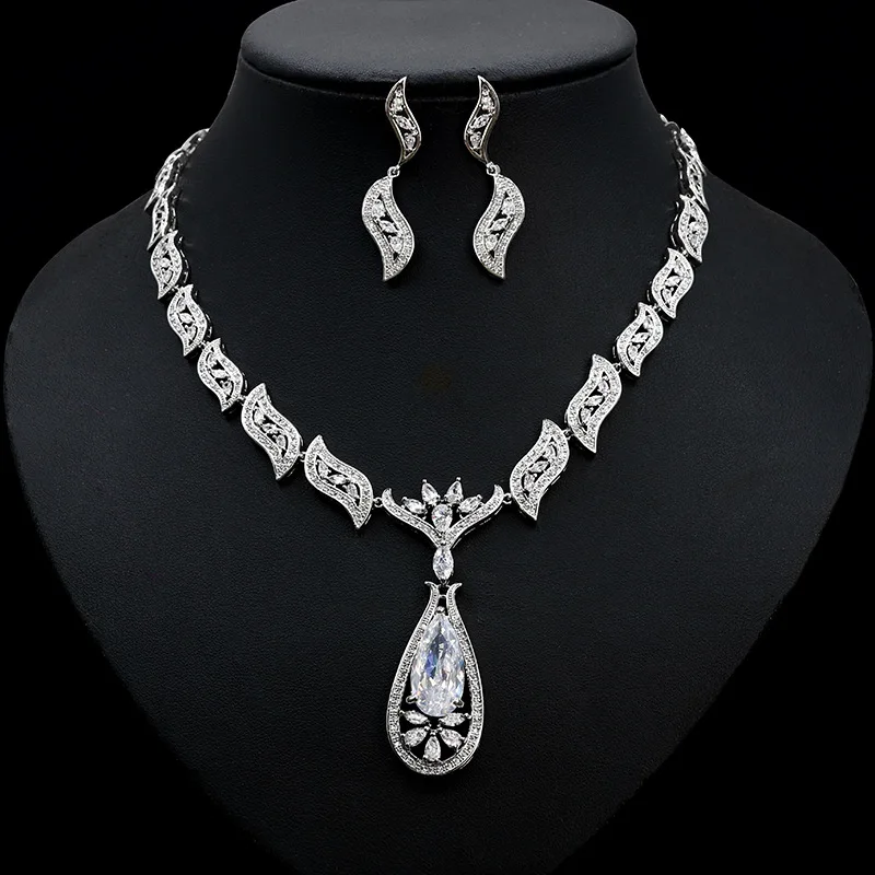 

Fashion Brilliant AAA CZ Flower Shape Necklace Earring Set Wedding Bridal Jewelry Sets Women Dress Accessories Bijoux N-451