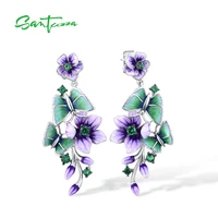 santuzza pure 925 sterling silver stud earrings for women purple flower butterfly green spinel fine jewelry handmade enamel