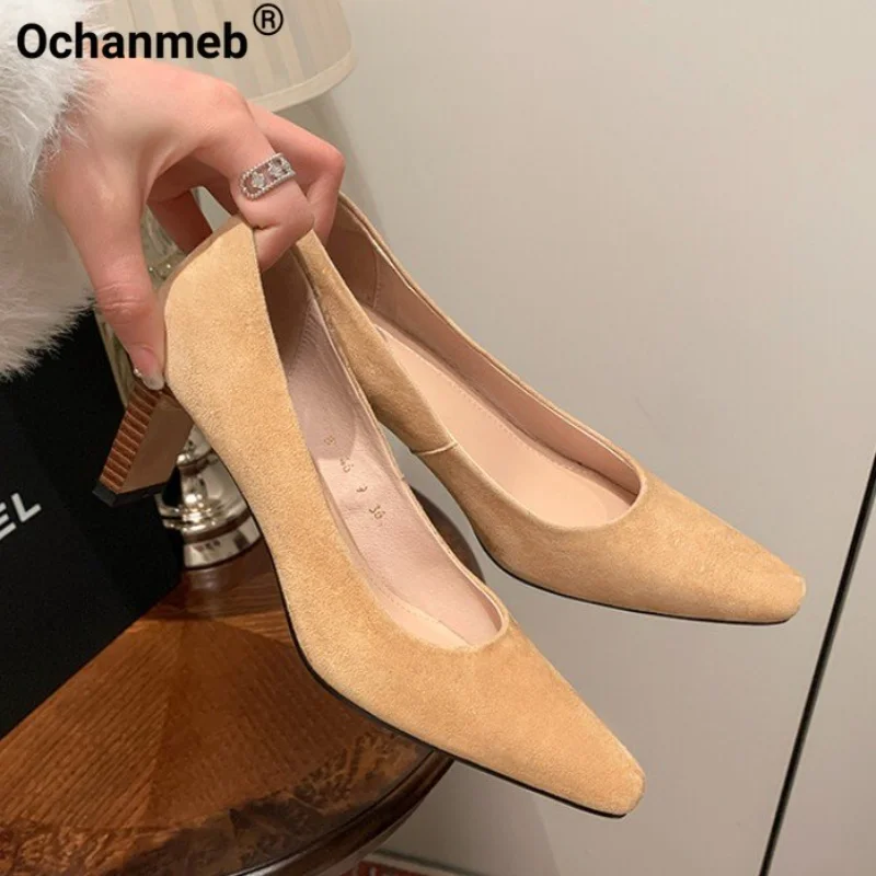 

Ochanmeb Sheep Kid Suede Women's Pumps Block High Heels Square Toe Slip On Heeled Shoes Basic Dress Office Ladies Work Nude Pump