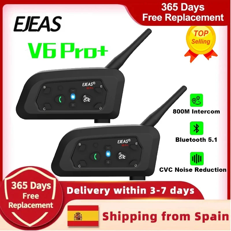 Casco de moto EJEAS V6 PRO+ con intercomunicador Bluetooth 800 m, resistente al agua