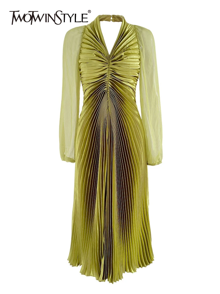 

Женское плиссированное платье TWOTWINSTYLE, однотонное платье средней длины с v-образным вырезом, рукавами-фонариками и высокой талией, новинка ...
