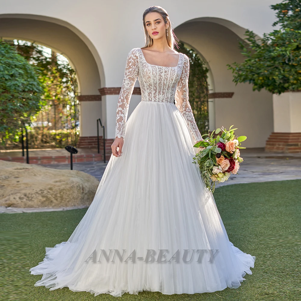

Anna A Line Long Sleeves Wedding Dresses Elegant Open Back Appliques Square Collar Tulle Court Train Pleats Vestido De Casamento