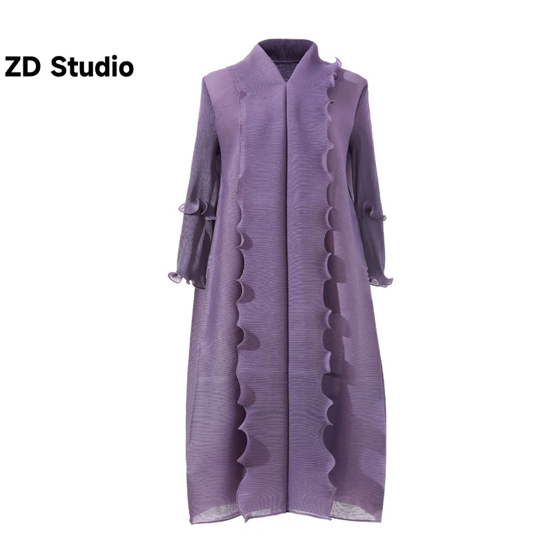 

[ZD Studio] Designer Pleated Dress For Women V-neck Spliced Ruffles Long Sleeves Midi Dresses Elegant Clothing 2023 New