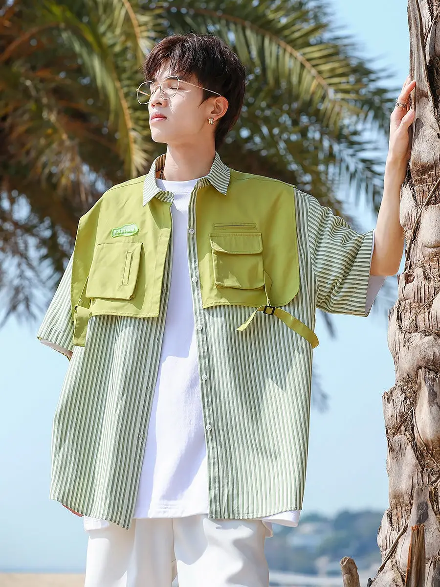 

2023 Golf Men's Ruffian Handsome Casual Shirt Men's Fat Short Sleeve Coat Loose Shirt Blue and White Stripe Fashion Men Shirts
