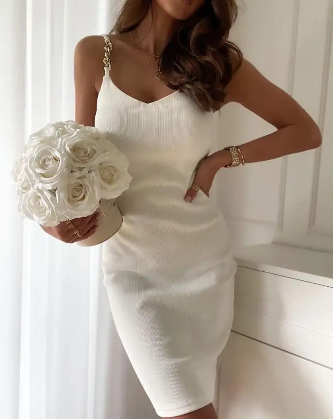 

Elegant Women's Dresses Fashion Chain Strap V-Neck Sleeveless Summer Plain Sexy Mini Skinny Party Dress