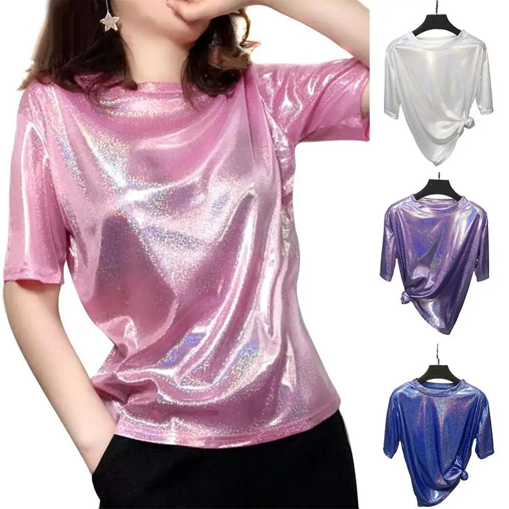 

Summer woman tops shiny loose short sleeve t-shirt sexy club aesthetic harajuku women stylish bright silk t-shirt