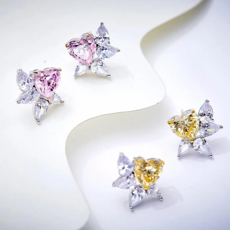 

Europe America Fashion Style High-end Jewellery Women Lady Inlay Heart Pink Yellow Cubic Zircon 925 Silver Needle Earrings