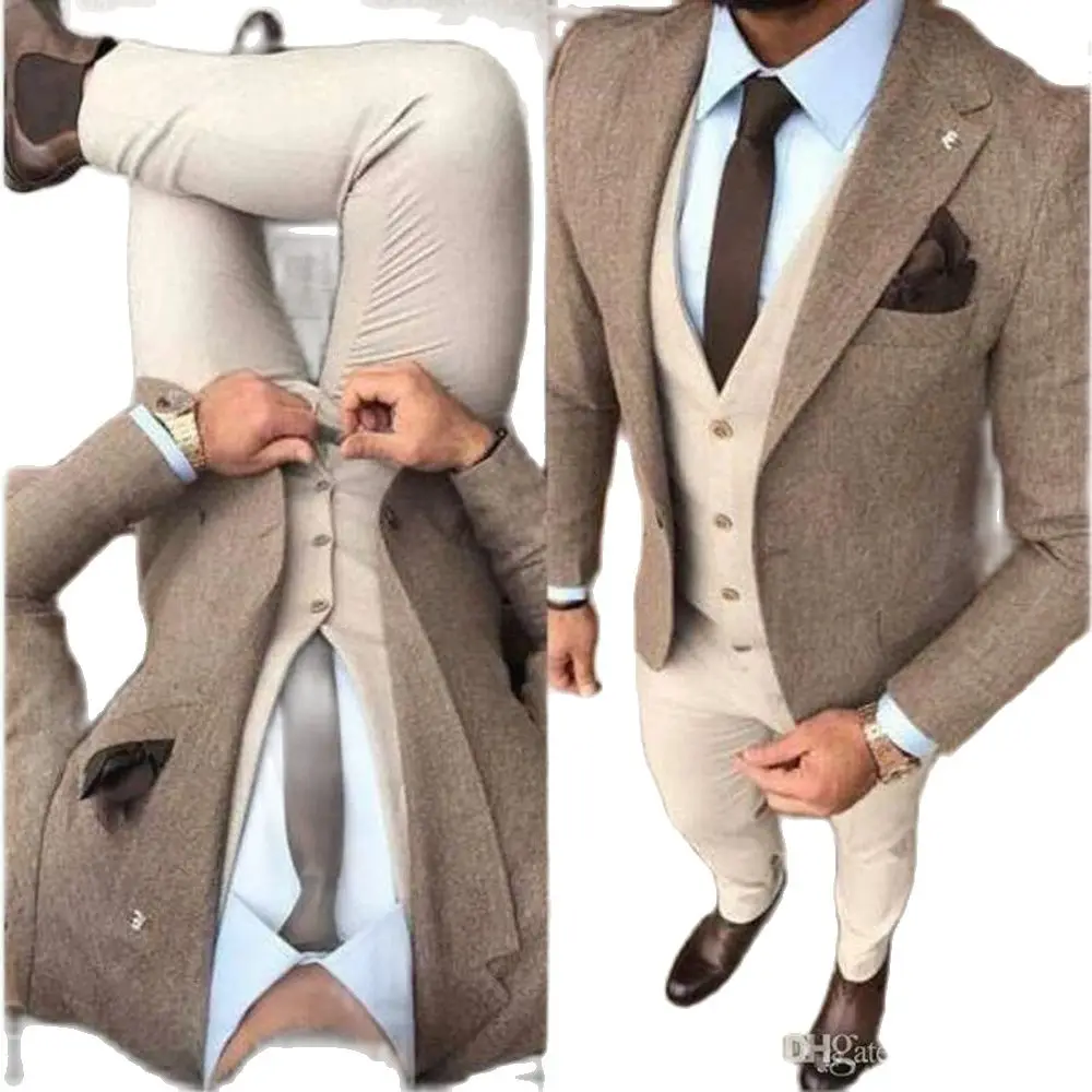 

VEIAI New Handsome Winter Tweed Fabric Man Business Suits Beige Groom Tuxedos Men Prom Party Coat Trousers Sets (Jacket+Vest+Pan